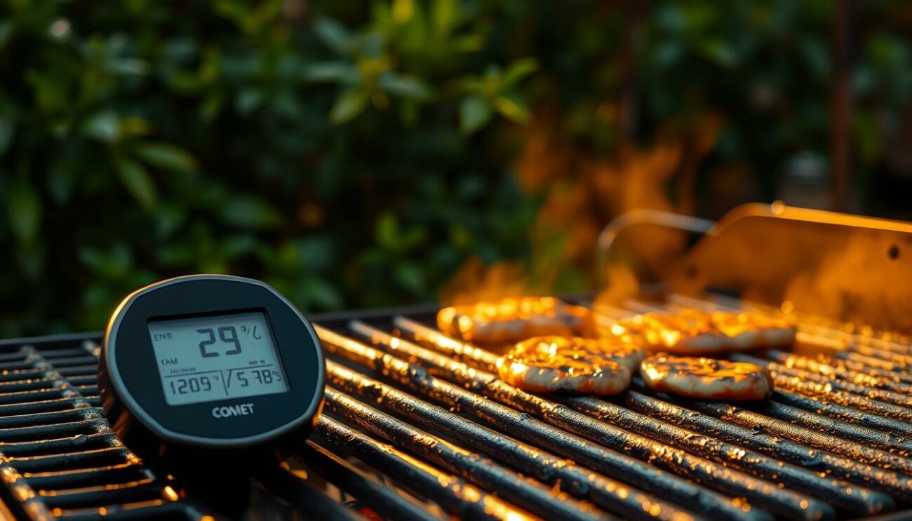 A charcoal grill set against a backdrop of lush, verdant foliage. The grill's grates are evenly coated with a light sheen of oil, ready to sear a variety of meats and vegetables to perfection. Warm, diffused lighting casts a golden glow, creating an inviting and relaxed atmosphere. In the foreground, a digital thermometer displays the optimal temperature range for grilling, with a clear indication of the ideal temperature for different food items. The scene exudes a sense of culinary expertise and the joy of outdoor cooking.