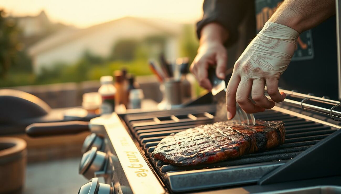 A close-up scene of a gas grill, its chrome exterior gleaming under warm, natural lighting. In the foreground, a skilled griller expertly handles a succulent steak, seared to perfection with grill marks caressing the tender, juicy meat. The middle ground showcases an array of grilling tools and seasonings, neatly arranged for the perfect steak preparation. In the background, a tranquil outdoor setting with lush greenery and a subtle hazy atmosphere, creating a serene, al fresco ambiance. The overall composition conveys the art and technique of grilling steaks on a gas-powered grill, highlighting the precision, passion, and attention to detail required for an exceptional grilled steak experience.