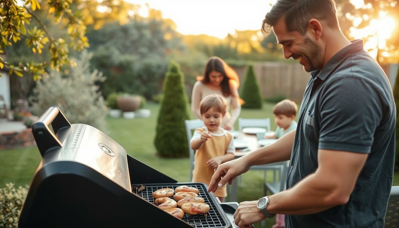 A family enjoying a safe and joyful grilling session in their backyard. In the foreground, a father carefully tending to the grill, ensuring proper temperature and food handling. Beside him, a young child watching intently, learning about grilling safety. In the middle ground, a mother and another child setting the table, plates and utensils neatly arranged. The background features a lush, well-manicured garden, with a warm, golden afternoon sunlight filtering through the trees. The overall scene conveys a sense of togetherness, caution, and the passing down of grilling traditions in a secure, family-friendly environment.