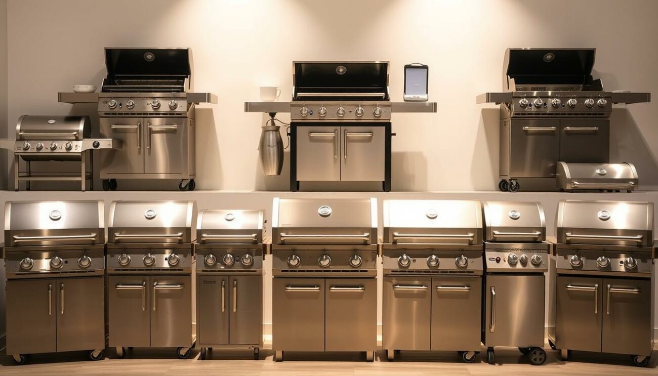 A high-quality ranking of gas grills displayed in a modern, minimalist setting. In the foreground, an array of sleek, stainless steel gas grills of various sizes and designs, neatly arranged in a visually appealing grid layout. The middle ground features a simple, neutral-toned background, perhaps a white or light gray wall, allowing the grills to take center stage. Subtle, balanced lighting casts a warm, inviting glow on the scene, highlighting the gleaming finishes and sharp lines of the gas grills. The overall composition conveys a sense of authority, expertise, and a curated selection of the best gas grills available, suitable for illustrating a definitive ranking of these products.