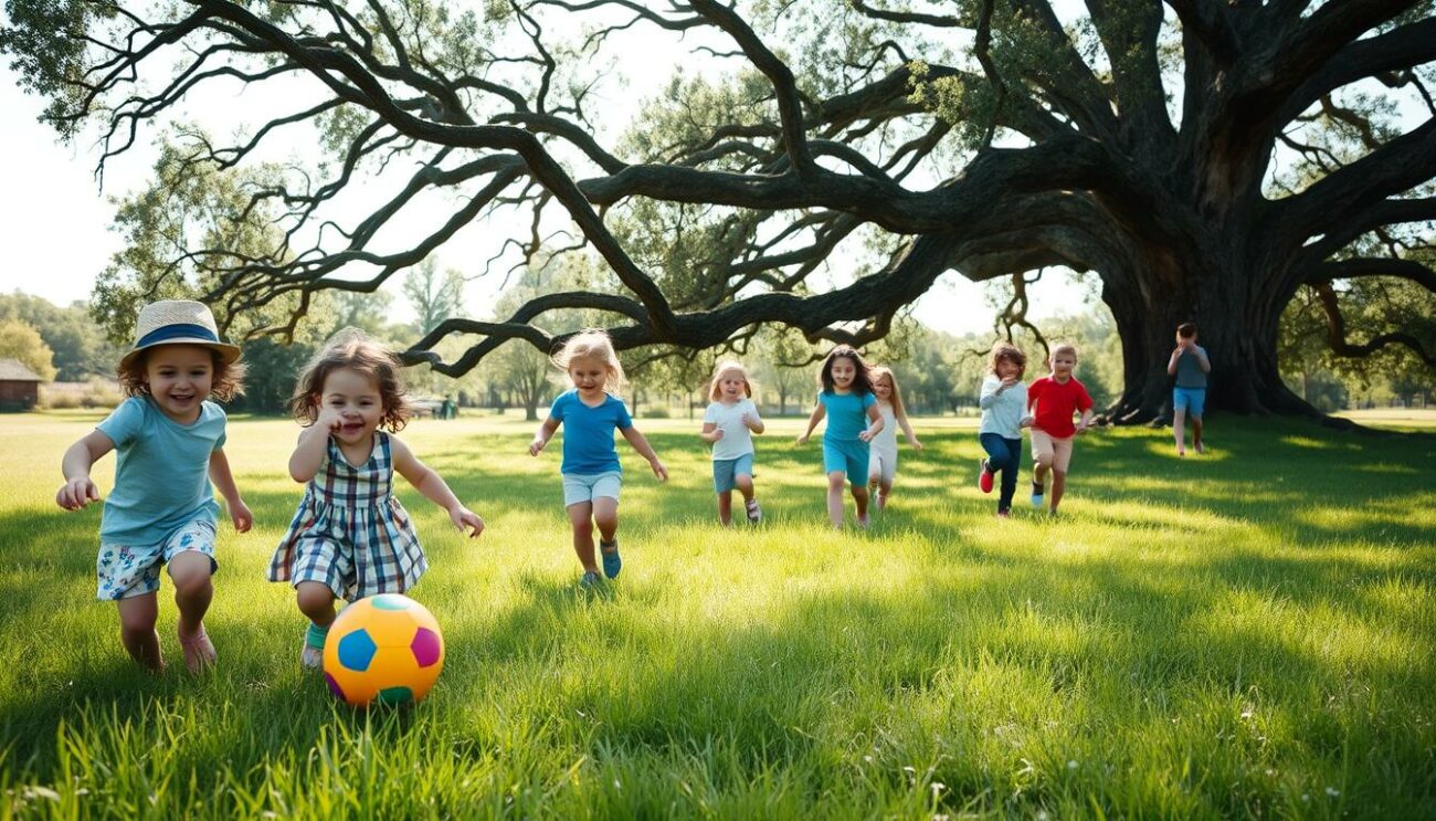 A joyful outdoor scene of children playing in a lush, sun-dappled meadow. In the foreground, two young siblings chasing a brightly colored ball, their laughter ringing out. In the middle ground, a group of friends engaged in a friendly game of tag, their movements captured in a blur of energy. In the background, a towering oak tree casts a gentle shade, its branches swaying in the light breeze. The overall atmosphere is one of carefree exuberance, capturing the essence of why families should consider grilling together - to create cherished memories amidst the simple pleasures of the great outdoors.
