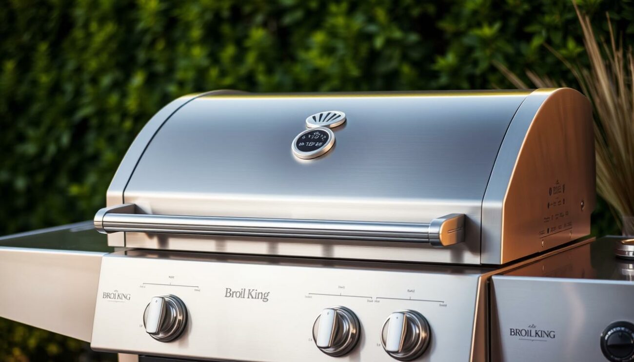 A sleek and modern gas grill by Broil King, its stainless steel body gleaming under soft, warm lighting. The grill's sturdy construction and intuitive controls are the focal point, showcasing its high-quality craftsmanship. In the background, a lush, verdant garden provides a serene, natural setting, complementing the grill's contemporary design. The scene exudes a sense of refined outdoor living, inviting the viewer to imagine preparing delectable, perfectly cooked meals with precision temperature control.