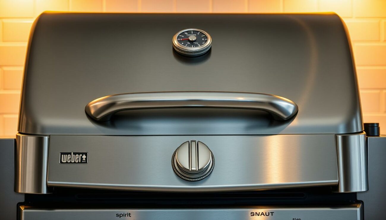A sleek, stainless steel Weber Spirit gas grill in a well-lit, modern kitchen setting. The grill's distinctive curved lid and contoured control panel are prominently featured, showcasing its innovative design and attention to detail. Warm, indirect lighting illuminates the grill's sturdy, rust-resistant cast-aluminum construction, highlighting its premium quality and durability. In the background, a clean, minimalist tile backsplash provides a stylish and functional backdrop, complementing the grill's streamlined aesthetic. The overall composition exudes a sense of technological sophistication, efficiency, and the seamless integration of form and function that characterizes the Weber Spirit line of gas grills.