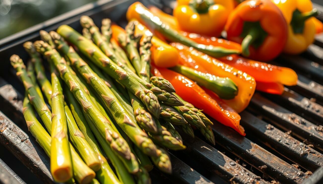 A sunlit, close-up shot of fresh, vibrant green asparagus spears and crisp, colorful bell peppers arranged artfully on a rustic wooden grill grate. The vegetables are lightly charred, glistening with a light coating of olive oil. A warm, earthy ambiance is created by the dappled natural lighting and the slightly smoky haze in the air, conveying the sizzling, caramelized flavors of a perfectly grilled harvest. The composition emphasizes the simple beauty and inherent goodness of these versatile, nutritious ingredients, ready to be transformed into a delectable, healthy summer meal.
