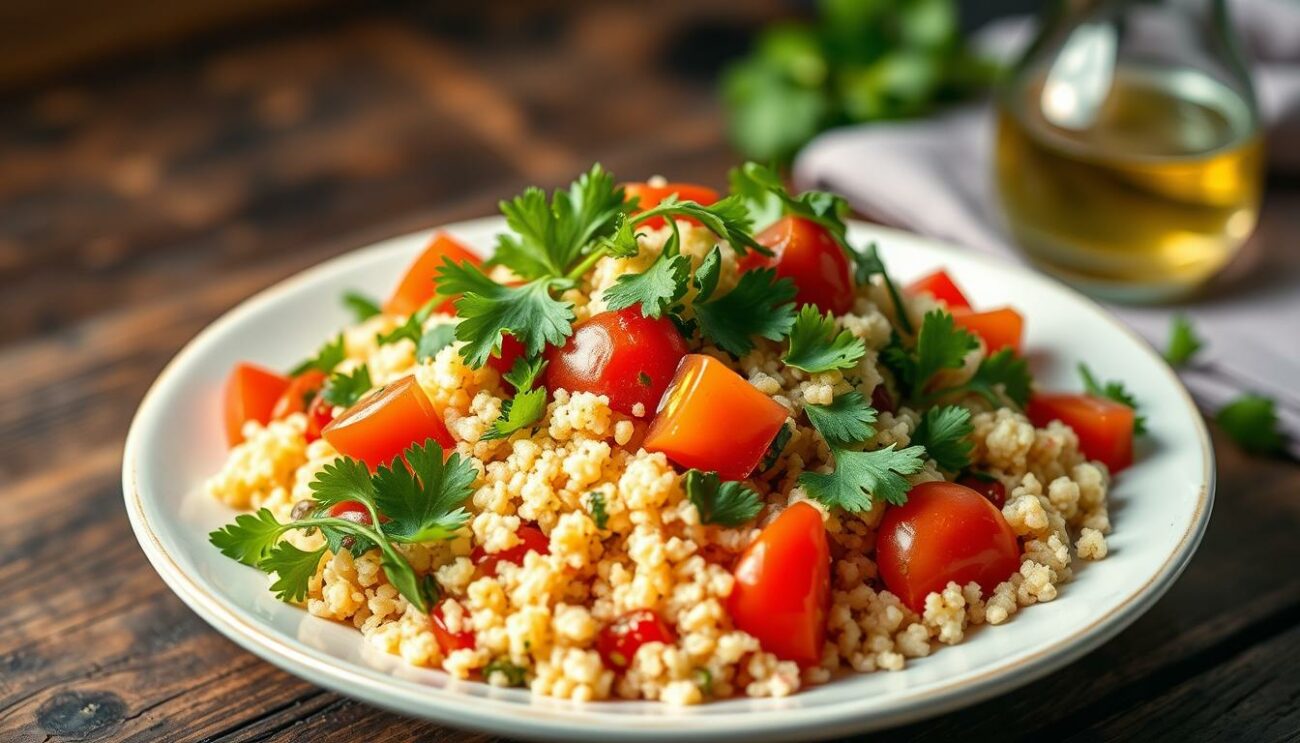 A vibrant and appetizing tabbouleh salad with couscous, captured in a beautifully styled photograph. The salad is artfully arranged on a rustic wooden table, showcasing the fresh, colorful ingredients. Bright green parsley leaves, juicy tomatoes, and fluffy couscous are complemented by the rich, earthy tones of the background. Soft, diffused lighting casts a warm, inviting glow, accentuating the textures and colors of the dish. The overall composition is balanced and visually appealing, capturing the essence of a delightful, summer-inspired side salad that would be perfectly at home on a grilled feast.