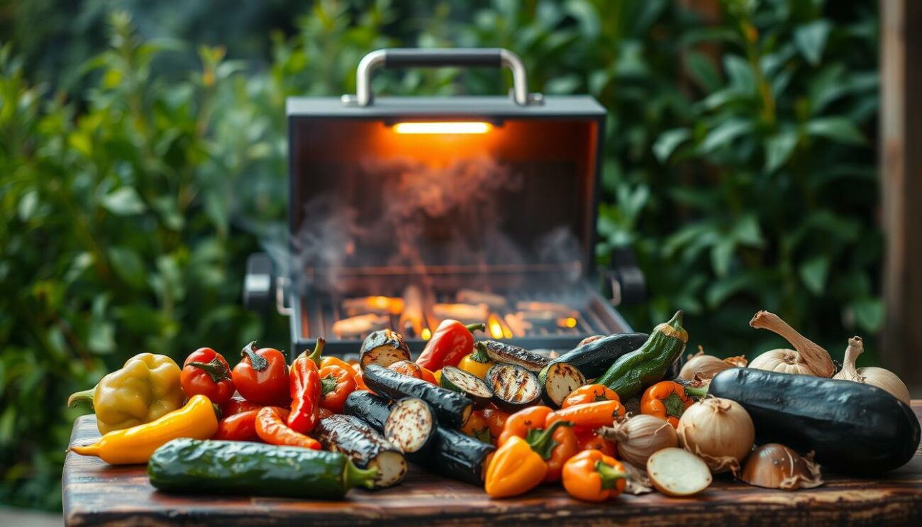 A vibrant outdoor scene featuring a grill surrounded by an abundant selection of grilled vegetables. The grill emits a warm, inviting glow, casting a cozy ambiance over the freshly charred peppers, zucchini, eggplant, and onions arranged artfully on a rustic wooden table. Lush greenery in the background provides a natural, earthy backdrop, complementing the rich, caramelized hues of the vegetables. Soft, diffused lighting illuminates the scene, creating a welcoming and mouthwatering atmosphere. The vegetables appear juicy, tender, and bursting with flavor, perfectly capturing the essence of a delightful summer evening spent grilling and savoring the bounty of the season.