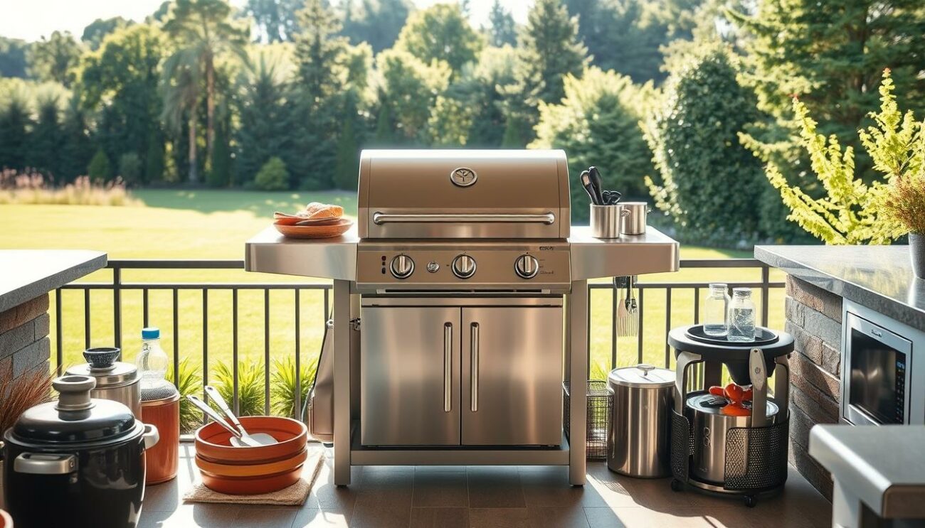 A well-lit and spacious outdoor kitchen setting, with a meticulously selected gas grill as the focal point. The grill stands prominently on a sturdy stainless steel frame, its gleaming chrome accents reflecting the warm sunlight. Surrounding the grill, an array of grilling accessories and tools are neatly arranged, suggesting a thoughtful and organized approach to outdoor cooking. In the background, a lush, verdant landscape sets the scene, creating a harmonious and inviting atmosphere. The overall composition conveys a sense of expertise, attention to detail, and the importance of making the right choice when selecting a gas grill.
