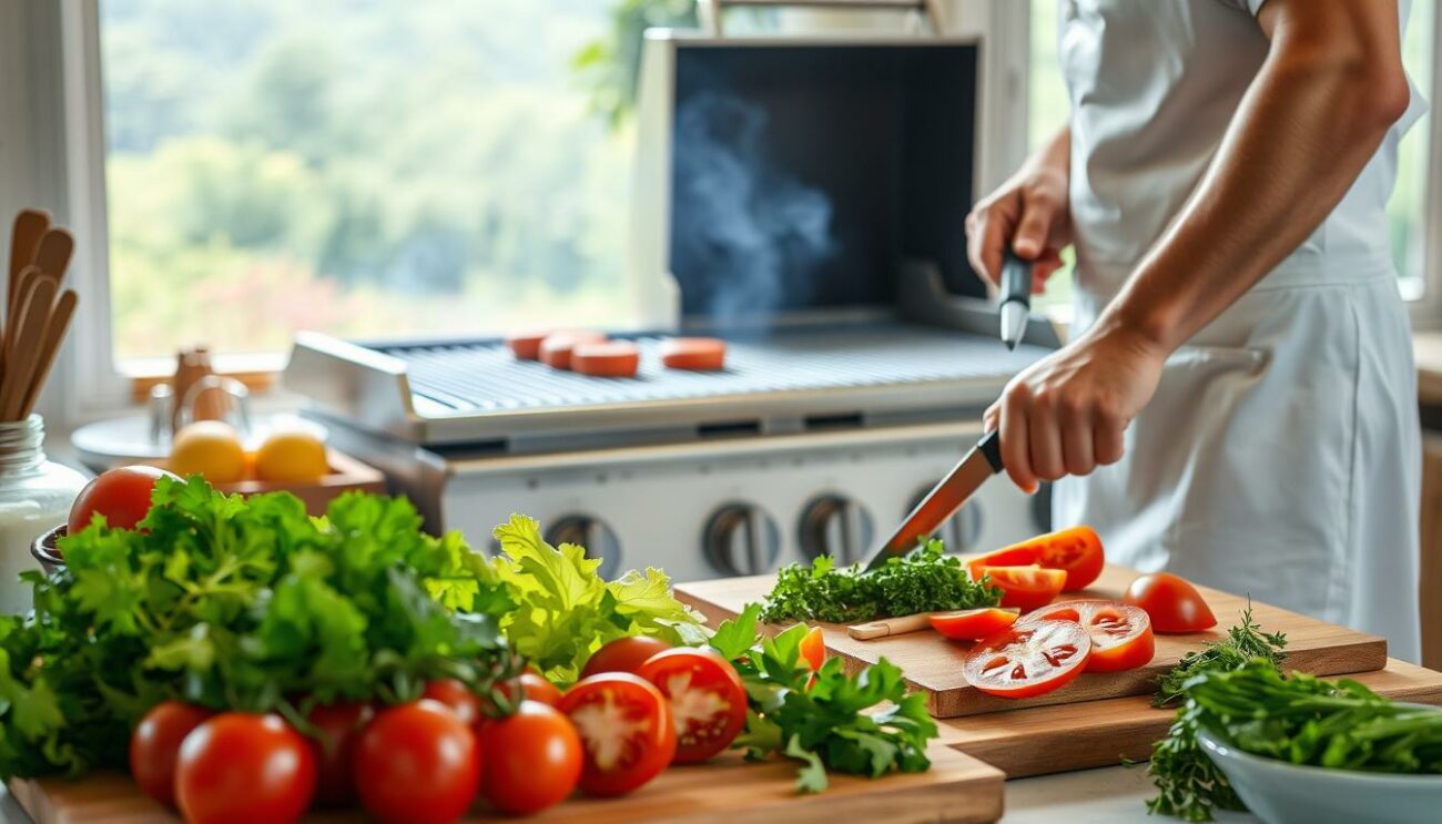 A well-lit kitchen scene with a chef preparing a sumptuous summer meal. In the foreground, an array of fresh ingredients - juicy tomatoes, crisp lettuce, fragrant herbs - are neatly arranged on a wooden cutting board. The chef, in a white apron, is carefully slicing vegetables with a sharp knife, their movements fluid and precise. In the middle ground, a sturdy metal grill stands ready, its grates gleaming in the soft light. The background reveals a panoramic view of a lush, verdant backyard, hinting at the upcoming alfresco feast. The atmosphere is one of calm focus and culinary anticipation, setting the stage for a delightful grilling experience.