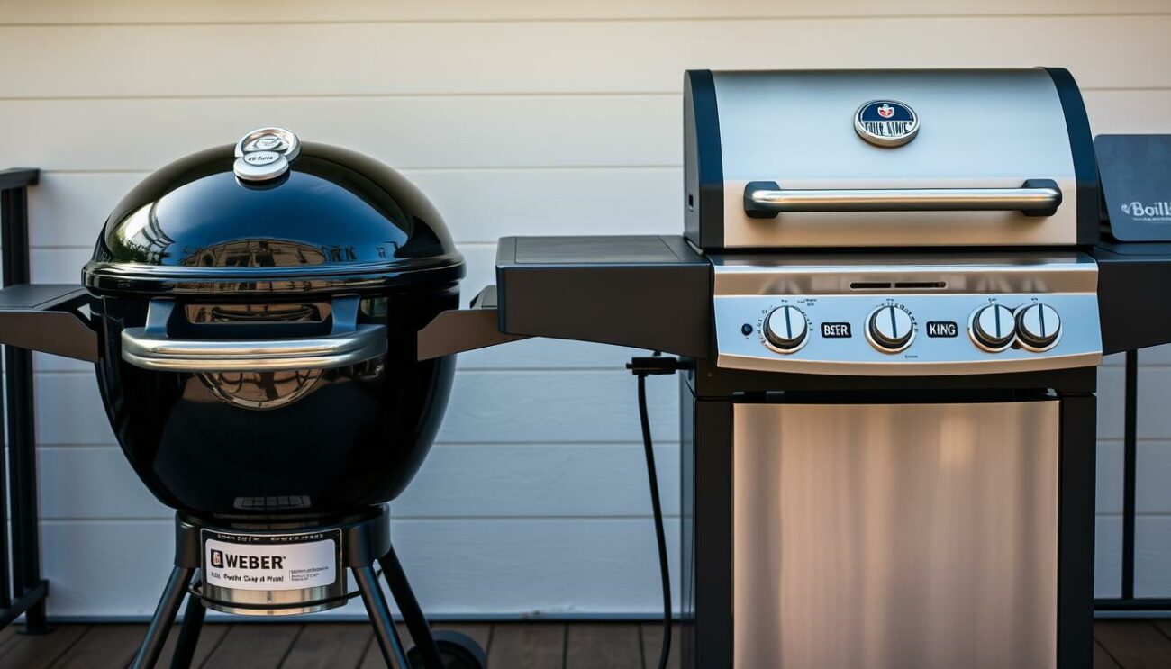 A well-lit outdoor scene showcasing two prominent gas grill brands, Weber and Broil King, side by side on a patio or deck. The grills are displayed in a clean, studio-like setting with a plain background, allowing the products to take center stage. The Weber grill features its iconic kettle design in a rich, glossy black finish, while the Broil King grill has a sleek, stainless steel body with visible burners and control knobs. Subtle reflections on the grill surfaces create a sense of depth and materiality. The lighting is soft and diffused, highlighting the curves and textures of the grills. The overall mood is one of quality, durability, and high-end grilling equipment.