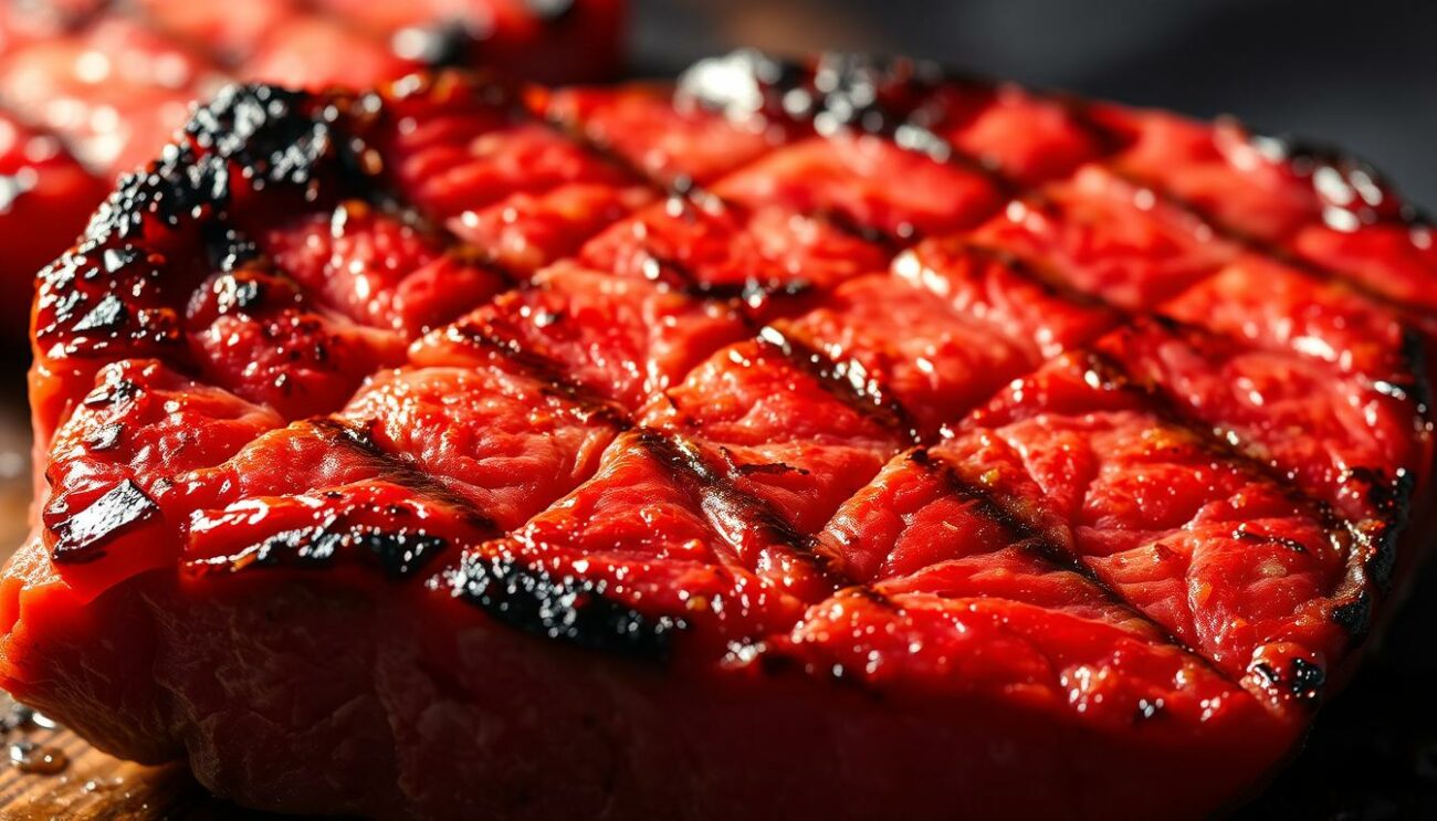Succulent grilled beef steak, vibrant red in color, seared to perfection with a crisp outer crust and juicy, tender interior. Detailed textures of the marbled fat and muscle fibers, glistening with flavorful juices. The steak is captured in a close-up view, shot from a low angle to emphasize its bold presence. Warm, natural lighting casts dramatic shadows, highlighting the steak's dimensional qualities. The background is a simple, uncluttered setting, allowing the steak to be the sole focus of attention. An enticing, mouthwatering representation of high-quality, premium beef, suitable for a premium grilled steak dish.
