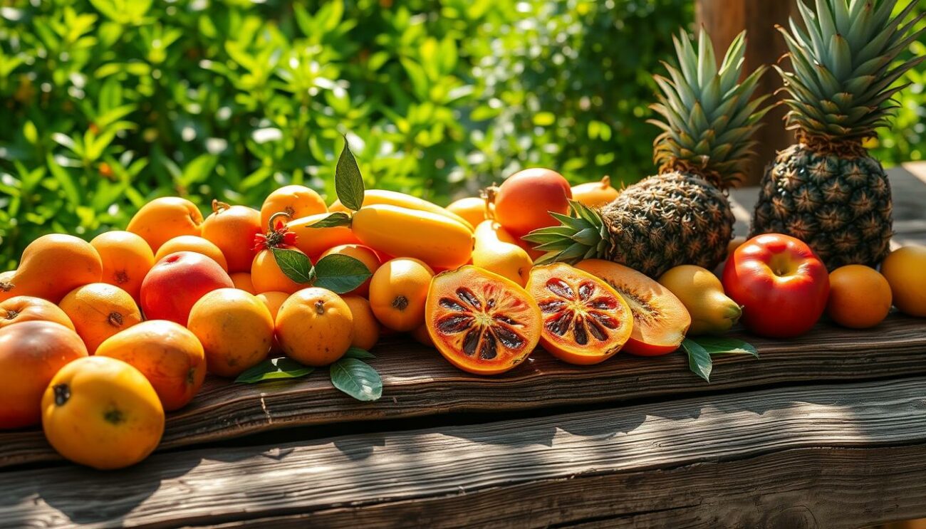 Vibrant tropical fruits spilling across a rustic wooden table, sunlight dappling the scene. Mangoes, papayas, pineapples, and other exotic produce in rich hues of orange, yellow, and green. A lush, verdant backdrop suggests a summer garden. Textured surfaces, natural lighting, and a sense of freshness and abundance evoke the warm, casual atmosphere of an outdoor gathering. The composition is balanced, drawing the eye to the colorful, mouthwatering display. This image captures the spirit of summertime grilling and the introduction to a celebration of seasonal, flavorful foods.