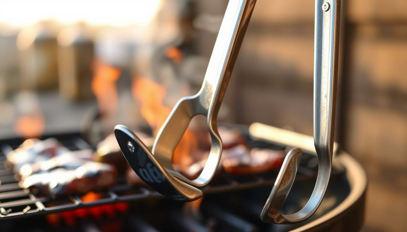 A close-up shot of a pair of sturdy metal tongs, or "szczypce" in Polish, against a backdrop of warm, golden light. The tongs have a sleek, polished finish and a curved, ergonomic design, perfectly suited for effortlessly flipping and turning various grilled items. The scene is set in a rustic, outdoor setting, with hints of a charcoal grill and the smoky aroma of sizzling meats and vegetables in the air, creating a cozy, inviting atmosphere that captures the essence of the grilling experience.