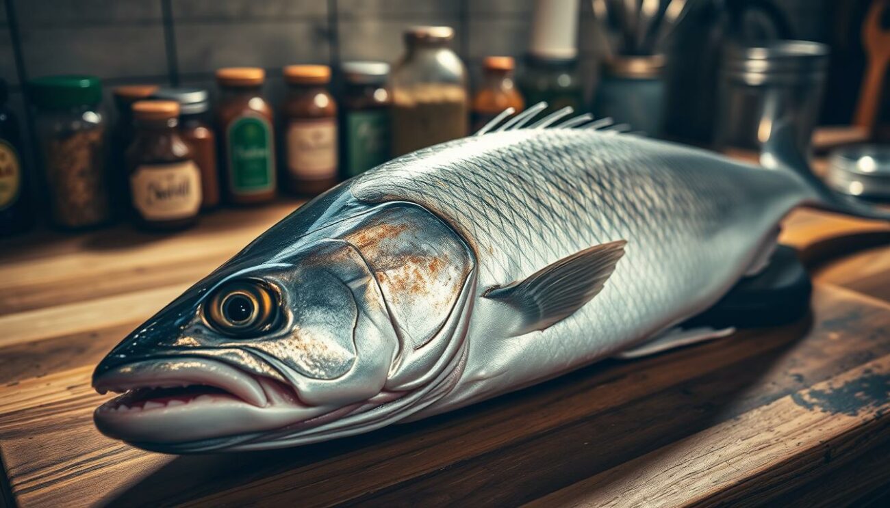 A close-up view of a whole freshwater fish, its silvery scales glistening under soft, warm lighting. The fish is positioned on a wooden cutting board, ready to be cleaned and prepared for grilling. The background is a rustic kitchen counter, with various seasoning jars and utensils neatly arranged, hinting at the upcoming marinade and seasoning process. The lighting casts gentle shadows, creating depth and a sense of anticipation for the cooking to come. The overall mood is one of culinary preparation, with an emphasis on the careful handling and attention to detail required for the perfect grilled fish dish.
