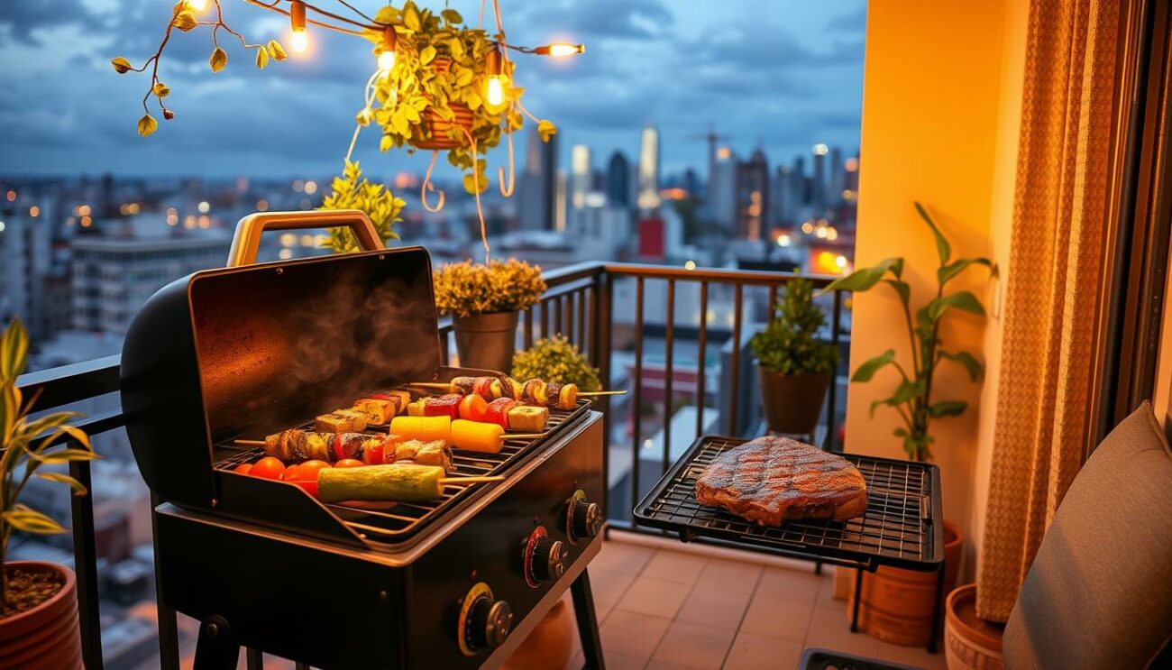 A cozy balcony setting with a compact charcoal grill sizzling with an array of grilled vegetables, skewers, and a juicy steak. Warm golden lighting casts a soft glow, as a gentle breeze ruffles the potted plants and string lights overhead. The balcony railing is adorned with fresh herbs and spices, ready for seasoning. In the background, a city skyline provides a modern urban backdrop, suggesting the convenience of grilling on a compact city balcony. The atmosphere is relaxed and inviting, highlighting the pleasures of outdoor cooking in a limited space.