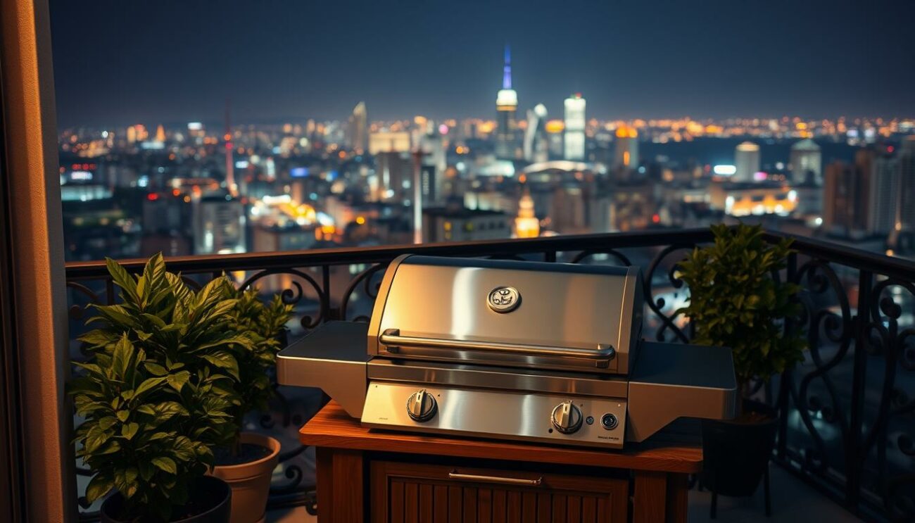 A cozy balcony setting, with a sleek stainless steel grill situated on a sturdy wooden table. Lush potted plants and subtle mood lighting create a warm, inviting atmosphere. The grill's surface is spotless, radiating a gleam under the soft, even illumination. In the background, a panoramic view of a bustling city skyline, hinting at the urban context. The overall scene conveys a sense of responsible, safe grilling, with attention to both functionality and aesthetics. Elegant wrought-iron railings line the balcony, ensuring the utmost safety and security.