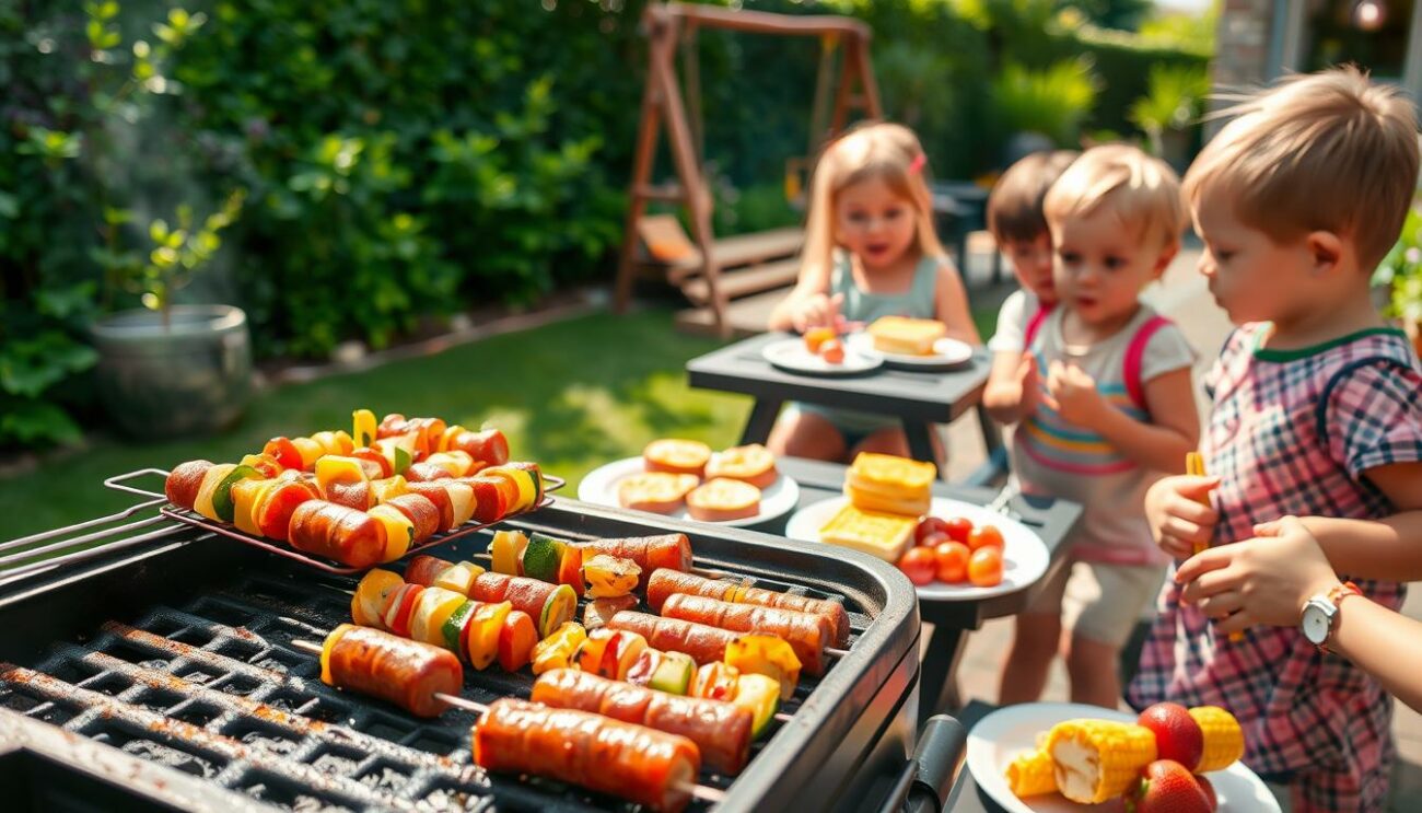 A cozy outdoor grill scene with children gathered around, eager to enjoy delicious and kid-friendly grilled treats. The foreground features a well-seasoned charcoal grill sizzling with skewers of colorful, bite-sized vegetables and juicy sausages. In the middle ground, a small table is set with simple, yet visually appealing dishes like grilled cheese sandwiches, corn on the cob, and fruit kebabs. The background showcases a lush, verdant garden setting, with a playful swing set and a sun-dappled patio, creating a warm and welcoming atmosphere. The lighting is soft and natural, with gentle shadows and highlights accentuating the textures and colors of the scene. The overall mood is one of family, fun, and a shared love of tasty, homemade grilled delights.