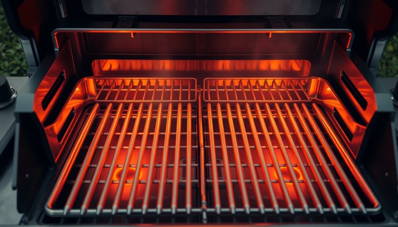 A cross-section of a gas grill's interior, showcasing the uniform heat distribution. Precise engineering of the burners, grates, and heat deflectors creates an even, controlled heat flow. Warm tones bathe the stainless steel components, while subtle shadows and highlights accentuate the intricate design. The scene conveys the careful attention to thermal management, essential for consistent grilling results across the entire cooking surface. A technical, high-quality aesthetic that reflects the precision and craftsmanship of a premium gas grill.