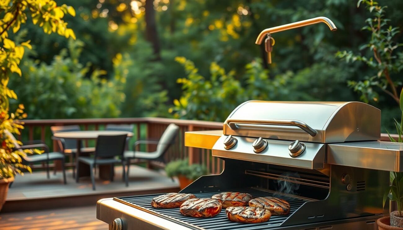 A lush, verdant outdoor scene with a central focus on a sleek, modern grill. The grill is positioned on a sturdy wooden deck, surrounded by lush greenery and a hint of a cozy patio setting. Warm, golden lighting bathes the scene, creating a inviting and relaxed atmosphere. The grill itself is depicted in striking detail, its gleaming stainless steel surfaces reflecting the warm glow. In the foreground, fresh, marinated cuts of meat sizzle on the grill, the aroma wafting through the air. The overall mood is one of anticipation and the joy of outdoor cooking, capturing the essence of why now is the perfect time to learn the art of grilling.