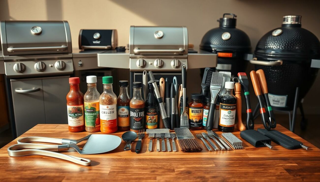A neatly arranged display of high-quality grilling accessories on a sleek, modern wooden surface. In the foreground, a set of sturdy stainless steel tongs, a large spatula, and a basting brush sit alongside a selection of rubs, sauces, and marinades in artfully designed bottles. In the middle ground, a range of grilling tools such as skewers, thermometers, and cleaning brushes are organized in a visually appealing manner. The background features the silhouettes of various grilling appliances, including Weber, Broil King, Napoleon, and Kamado models, all bathed in warm, natural lighting that casts subtle shadows and highlights the textures of the materials. The overall scene conveys a sense of expertise, quality, and the perfect balance of form and function for the avid grilling enthusiast.