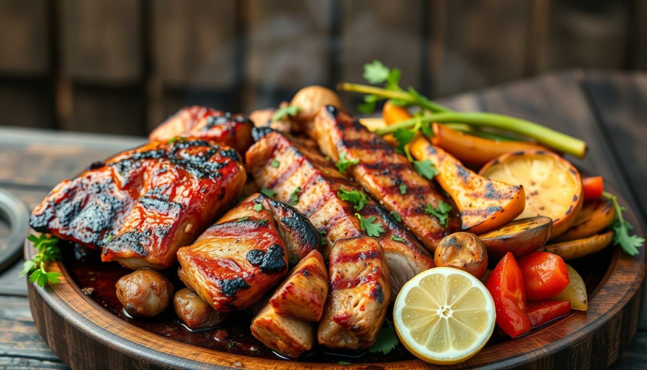 A vibrant family-style grilled dish featuring juicy grilled pork or chicken, crisp grilled vegetables, and aromatic herbs and spices. The scene is set against a backdrop of a rustic wooden table, with a gentle warm light illuminating the succulent, charred meats and charred vegetables. The overall mood is one of relaxed, al fresco dining, perfect for a casual family gathering. The composition is balanced, with the main dish taking center stage, surrounded by the supporting elements. The image should convey a sense of mouthwatering deliciousness and the joy of shared, homemade meals.
