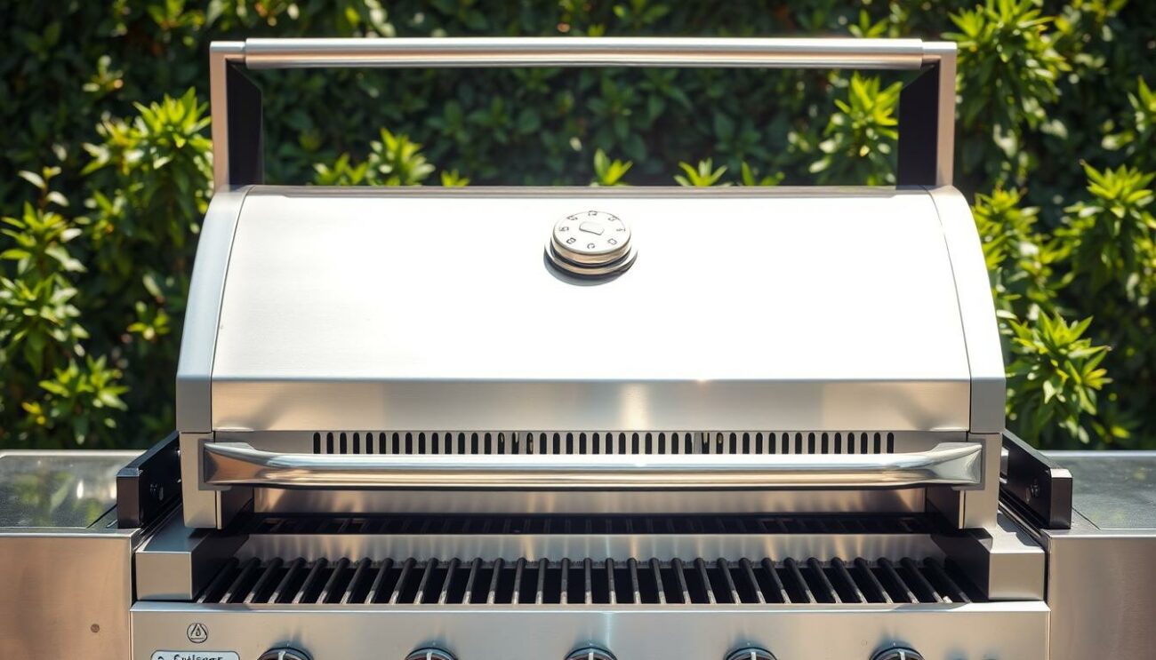 A well-lit, contemporary gas grill set against a backdrop of lush greenery, with a sleek, minimalist design and smooth metal surfaces reflecting the sunlight. The grill's controls are intuitively positioned, and the grates are spotlessly clean, hinting at its effortless, low-maintenance operation. The overall scene conveys a sense of safety, ease, and culinary potential, emphasizing the advantages of gas grilling over traditional charcoal methods.