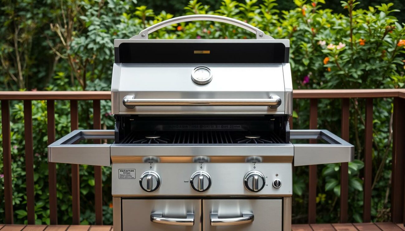 A well-lit gas grill standing on a wooden deck, the stainless steel exterior gleaming. The grill is open, revealing burners and grates ready for cooking. Knobs and dials on the front panel allow precise temperature control. In the background, a lush garden with vibrant greenery provides a serene, natural setting. The scene conveys a sense of safety, functionality, and outdoor living, perfect for a gourmet barbecue experience.