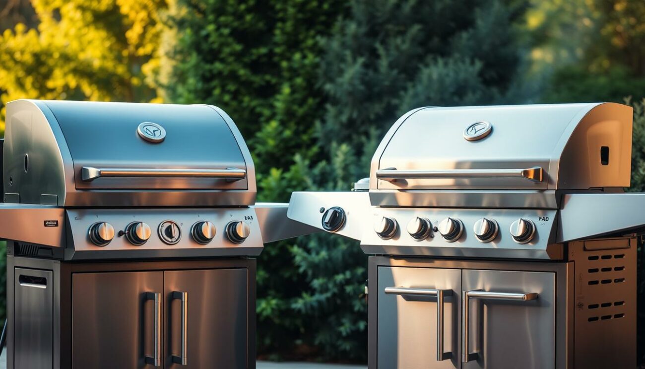 A well-lit outdoor scene showcasing two high-quality gas grills side-by-side, with a focus on their sleek, stainless steel construction and distinctive design features. The grills are set against a backdrop of lush greenery, evoking a serene, inviting atmosphere. The lighting is warm and natural, emphasizing the practical and aesthetic qualities of the grills. The scene captures the essence of comparing and evaluating gas grills, inviting the viewer to imagine themselves making an informed decision about their next grill purchase.