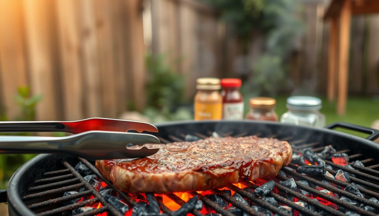 A well-seasoned steak sizzling on a charcoal grill, surrounded by glowing embers and fragrant smoke. In the foreground, a pair of tongs deftly maneuvering the meat, while in the middle ground, a selection of sauces and seasonings await. The background reveals a rustic outdoor setting, with a wooden fence and lush greenery framing the scene. Warm, golden lighting casts a cozy glow, and the overall atmosphere evokes the simple pleasures of mastering the art of grilling for beginners.