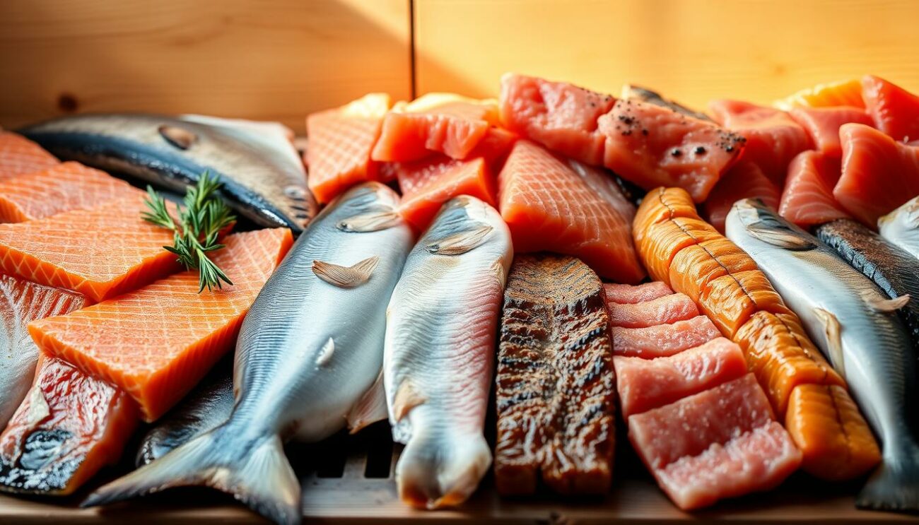 A well-stocked display of fresh, glistening fish fillets, arranged against a wooden backdrop. The seafood selection includes salmon, tuna, snapper, and cod, each cut into generous portions suitable for grilling. Vibrant colors and textures hint at the succulent flavors and tender flesh waiting to be seasoned and seared over an open flame. Soft, natural lighting casts a warm glow, highlighting the fish's natural beauty and the care taken in their preparation. The scene evokes the anticipation of a delectable grilled fish feast, inviting the viewer to imagine the sizzle, aroma, and satisfying bite of the perfect grilled catch.