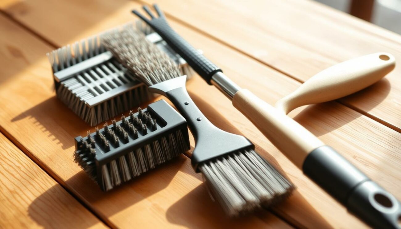 A clean, well-organized set of brushes for scrubbing a gas grill, neatly arranged on a wooden surface. The brushes have sturdy, rust-resistant metal bristles and ergonomic handles for firm, controlled cleaning. A stiff-bristled grill brush, a soft-bristled detail brush, and a long-handled brush for hard-to-reach areas are visible. Warm, natural lighting from the side casts subtle shadows, highlighting the textures and materials. The composition is balanced and symmetrical, conveying a sense of order and efficiency. The overall mood is one of utility and practicality, reflecting the need for effective, safe grill maintenance.