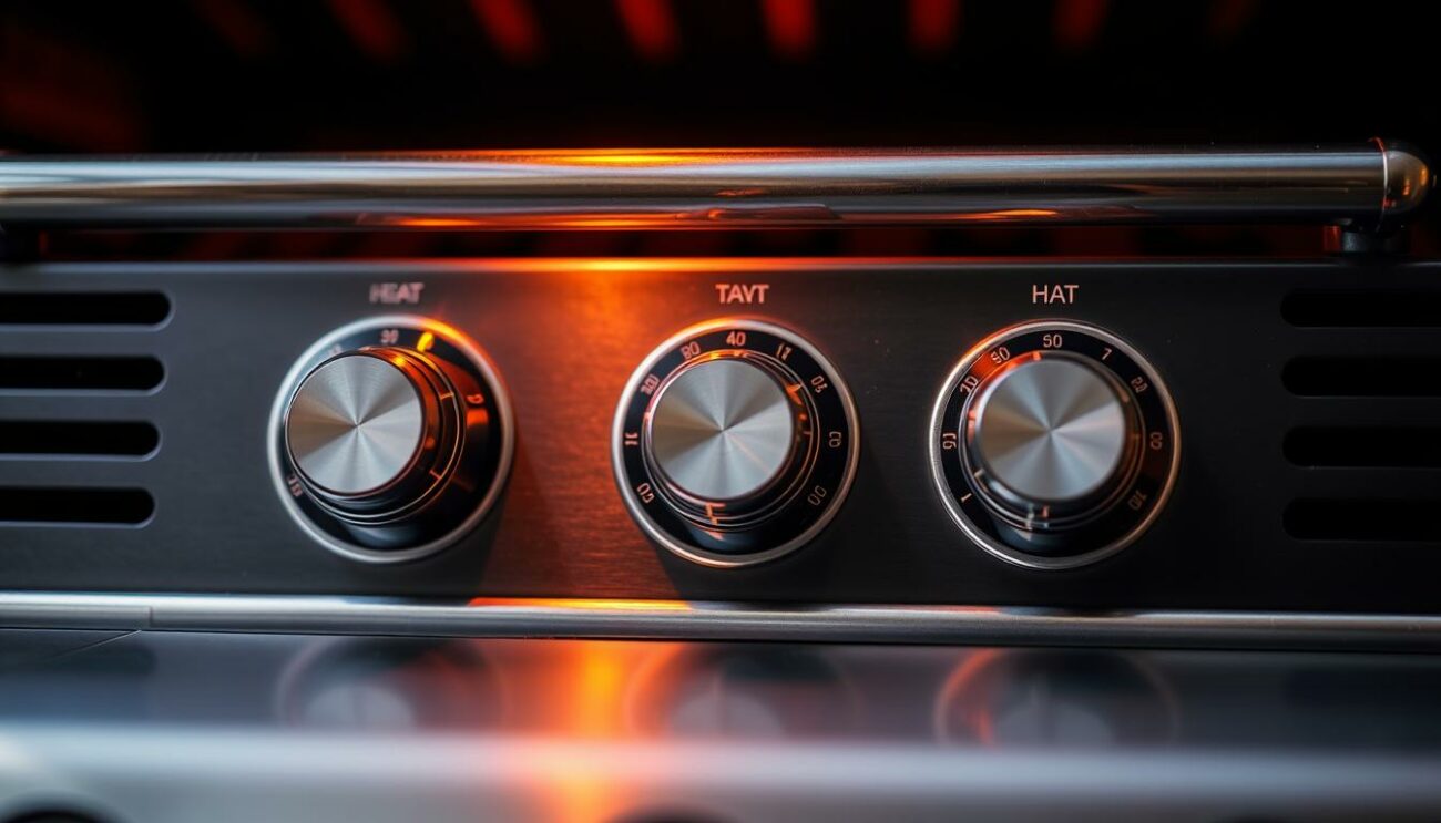 A close-up view of a gas grill's control panel, illuminated by warm, soft lighting. The panel displays the dial settings, showcasing the different heat levels and their corresponding gas consumption rates. The background is blurred, drawing the viewer's attention to the intricate details of the controls. The image conveys a sense of precision and functionality, highlighting the importance of understanding the gas usage dynamics for optimal grilling performance.