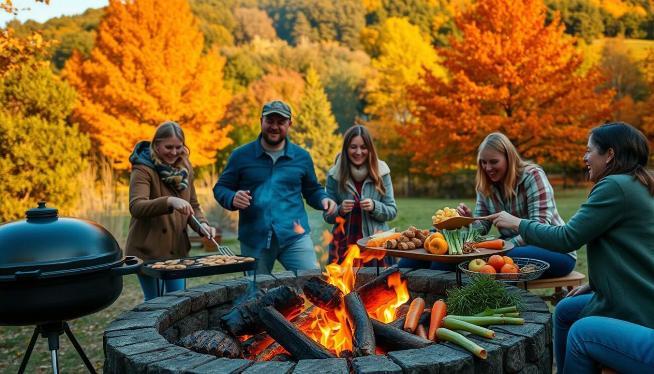 A crisp autumn afternoon, a family gathers around a crackling fire pit, the aroma of sizzling meats and vegetables wafting through the cool air. In the foreground, a group of friends tending to the grill, their faces illuminated by the warm glow of the flames. In the middle ground, a spread of seasonal produce, freshly harvested and ready for the barbecue. The background features a lush, verdant landscape, trees in vibrant shades of orange and red, creating a cozy and inviting atmosphere. The scene is bathed in soft, golden lighting, capturing the essence of fall and the joy of outdoor dining. A perfect representation of the pleasures of autumn grilling.