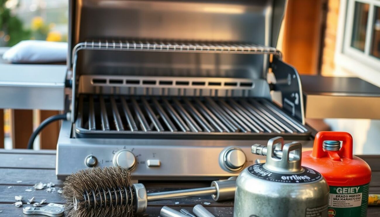 A well-maintained gas grill against a backdrop of a cozy outdoor patio, with a warm, autumnal color palette. The grill's metallic surface gleams under soft, diffused lighting, revealing its intricate construction and sturdy design. In the foreground, tools and accessories, such as a wire brush and a gas canister, are neatly arranged, suggesting a thorough winterization process. The scene conveys a sense of preparedness and care, perfectly capturing the essence of "Dlaczego warto przygotować grill gazowy na zimę już teraz".