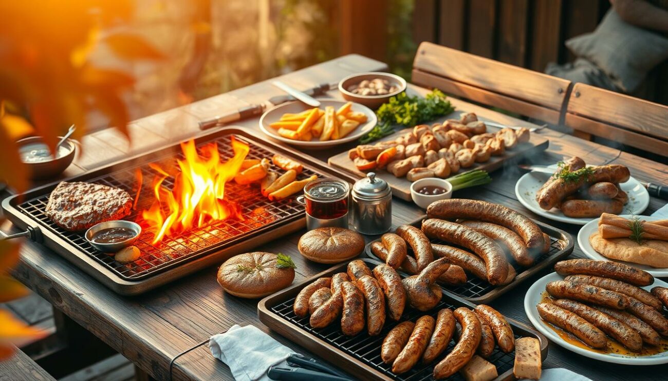 Autumn grilling feast, a cozy scene with rustic wooden table set for a hearty meal. Charcoal grill sizzling with succulent meats, vegetables, and aromatic herbs. Warm lighting casts a golden glow, inviting guests to gather and indulge. Crisp fall foliage frames the image, hinting at the season's bounty. Platters of grilled delights, from juicy burgers to smoky sausages, take center stage, ready to satisfy hungry appetites. A sense of comfort and community radiates from this inviting autumnal grilling tableau.